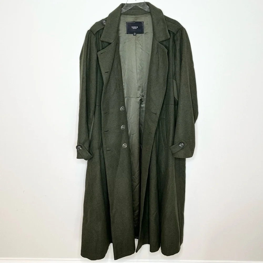 Torrid Olive Wool Military Fit Flare Trench Coat Size 4 - Picture 3 of 11